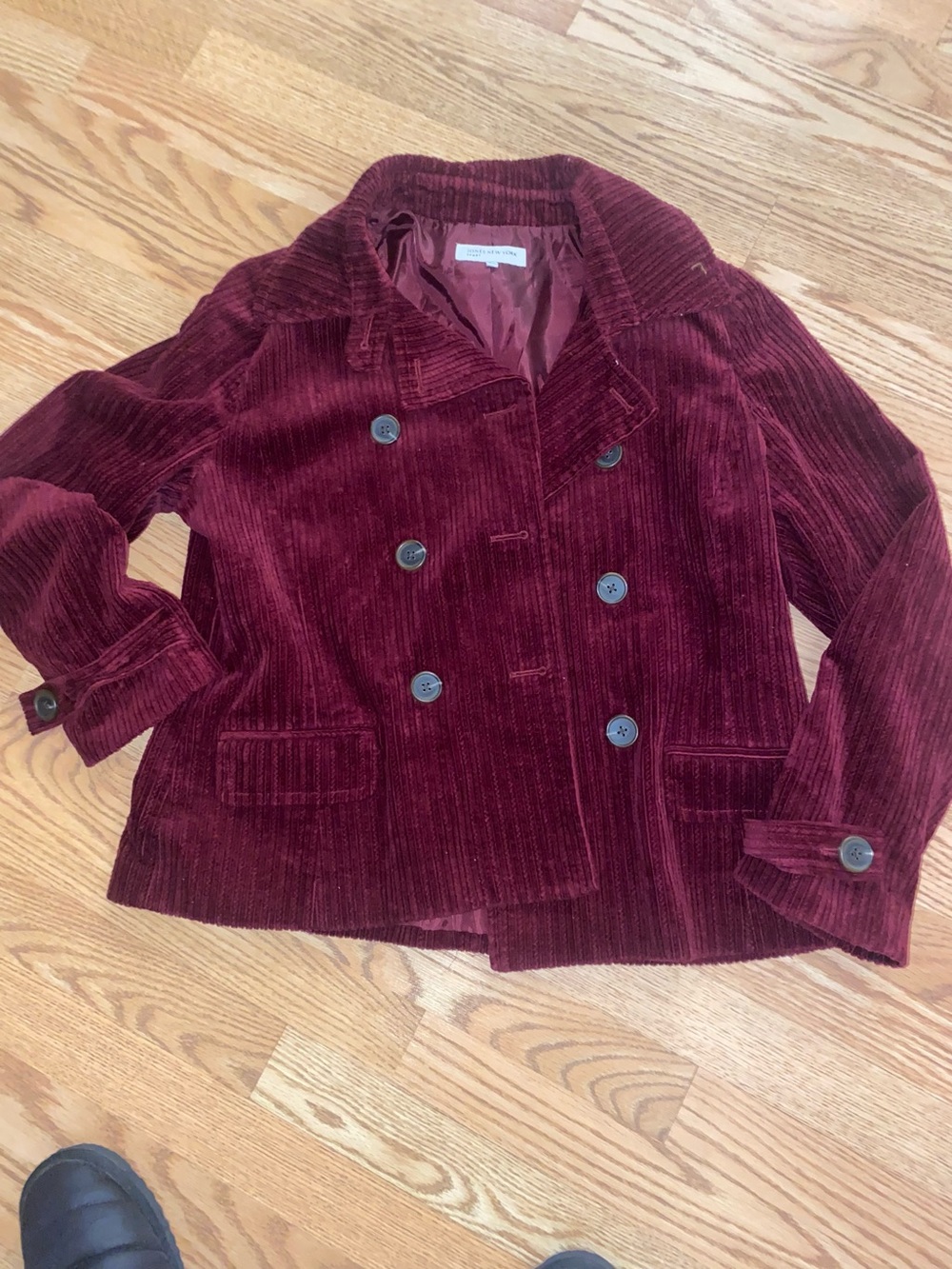 Jones New York Double-Breasted Corduroy Peacoat in Deep Burgundy